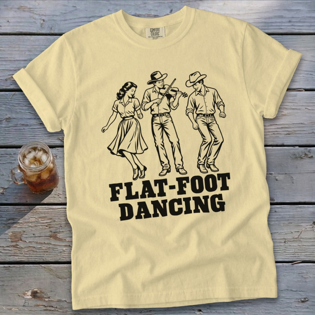 T-shirt with "Flat-Foot Dancing" text and a dancing couple with a fiddler.