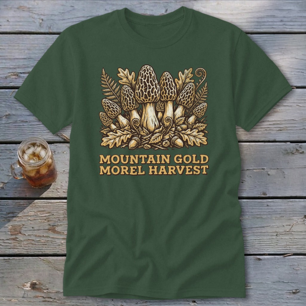Green t-shirt with "Mountain Gold Morel Harvest" text and morel mushroom graphic.
