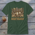 Green t-shirt with "Mountain Gold Morel Harvest" text and morel mushroom graphic.