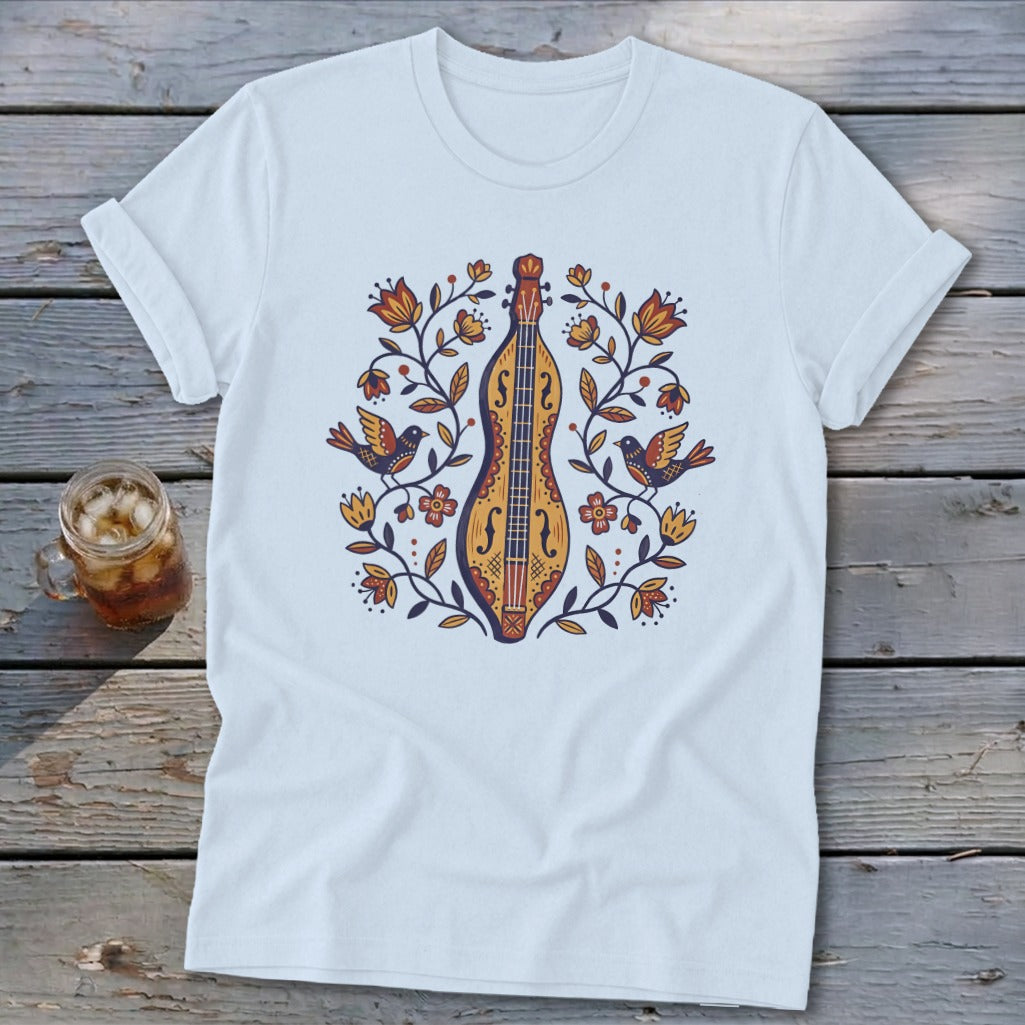 White t-shirt with folk art of a fiddle, birds, and flowers design.
