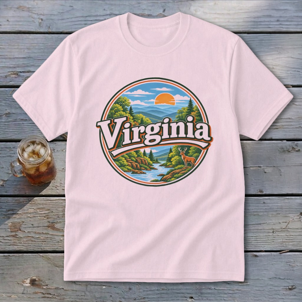 Pink t-shirt with circular Virginia nature graphic and deer.