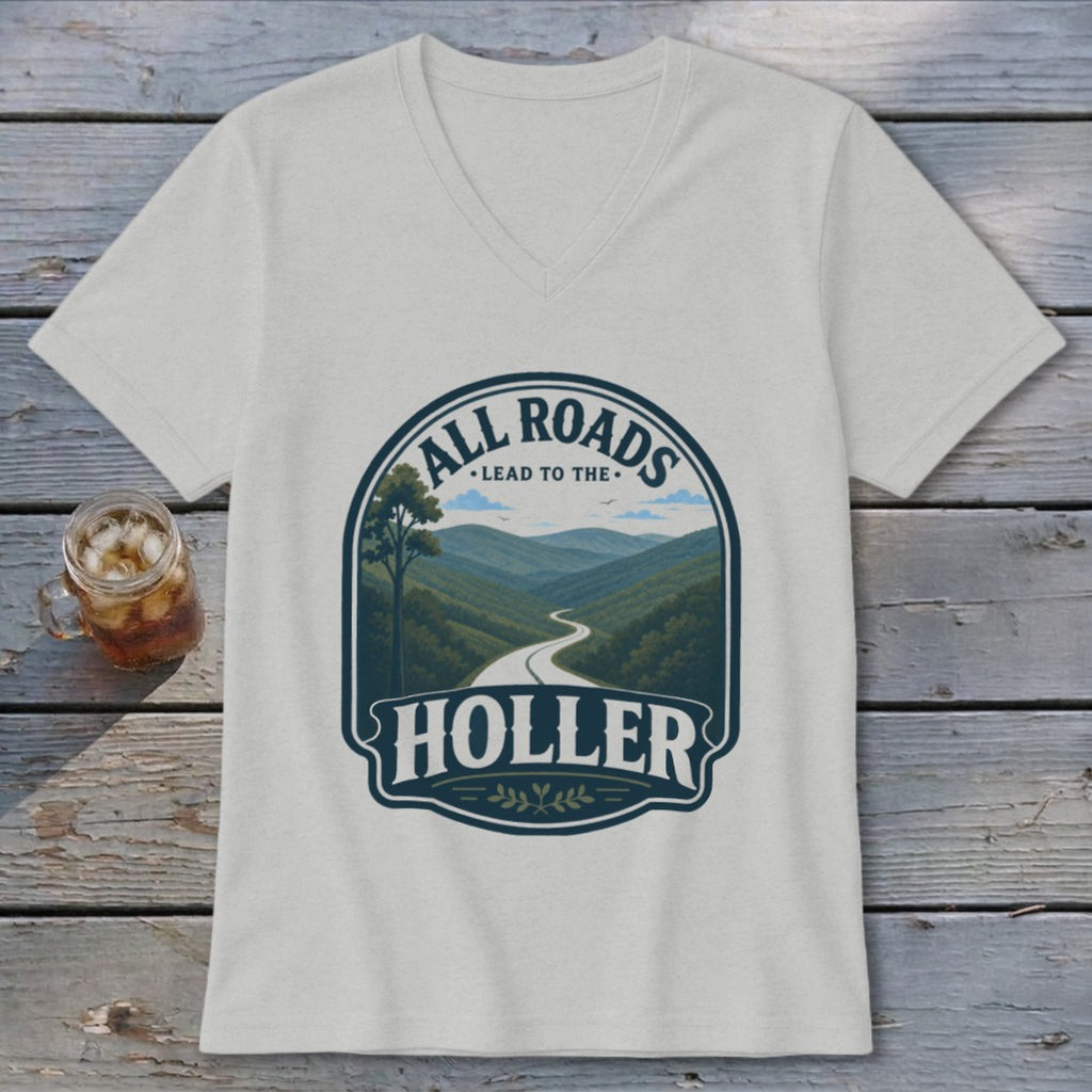 T-shirt with graphic design: "All Roads Lead to the Holler" with mountain landscape.