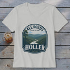 T-shirt with graphic design: "All Roads Lead to the Holler" with mountain landscape.