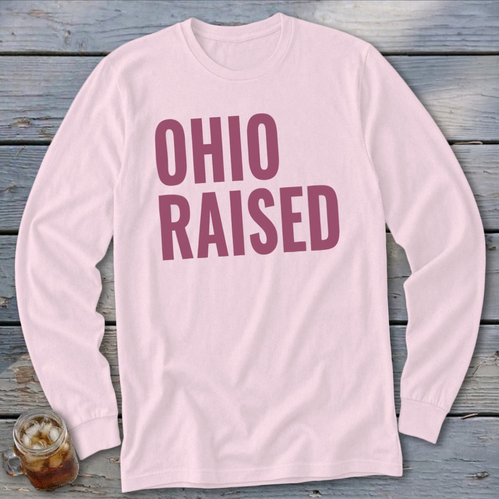 Pink long-sleeve shirt with "OHIO RAISED" text in dark pink.