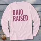 Pink long-sleeve shirt with "OHIO RAISED" text in dark pink.