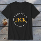 Black v-neck t-shirt with "FULL AS A TICK" graphic in yellow and white.