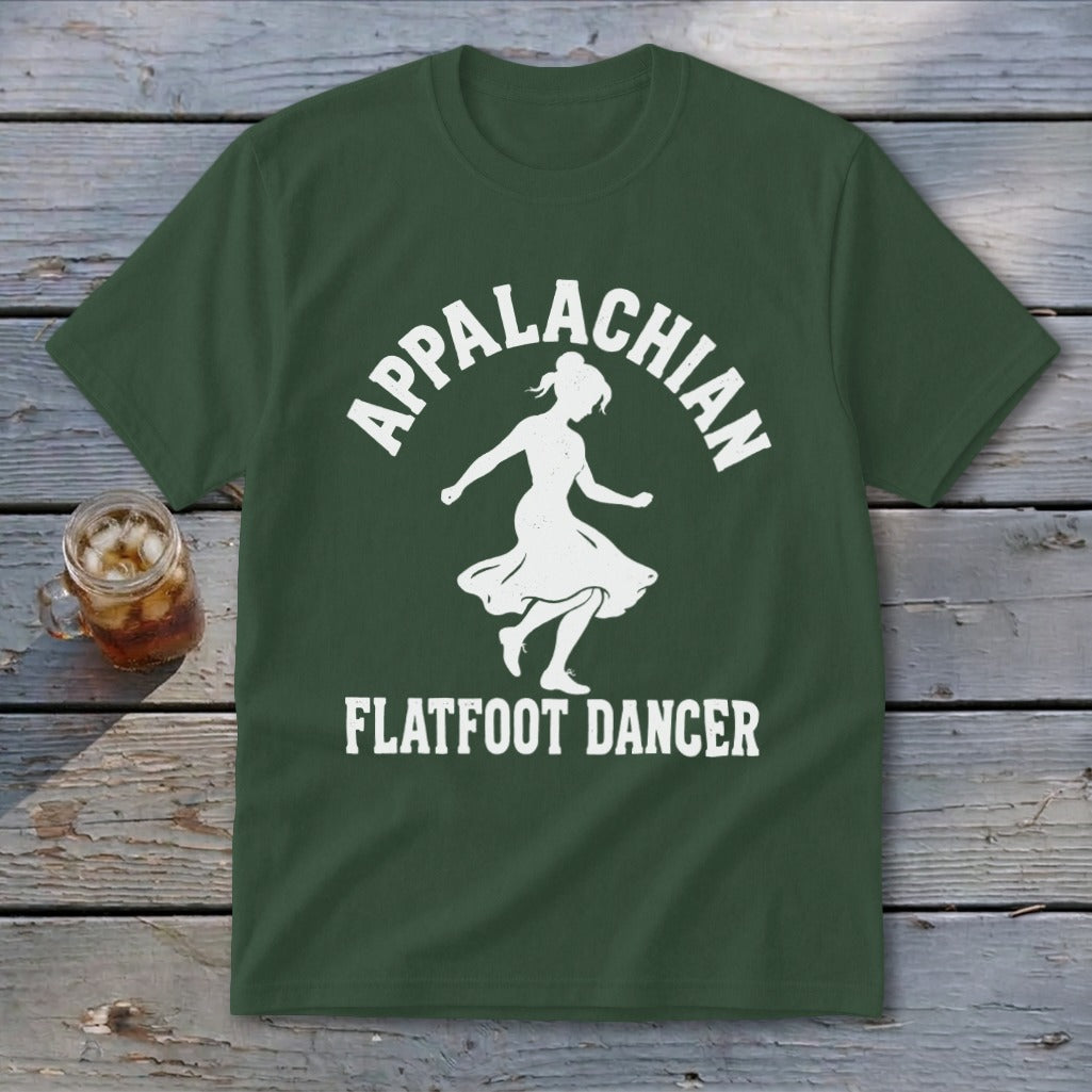 A dark green t-shirt with white text reading Appalachian Flatfoot Dancer and a dancing female silhouette.