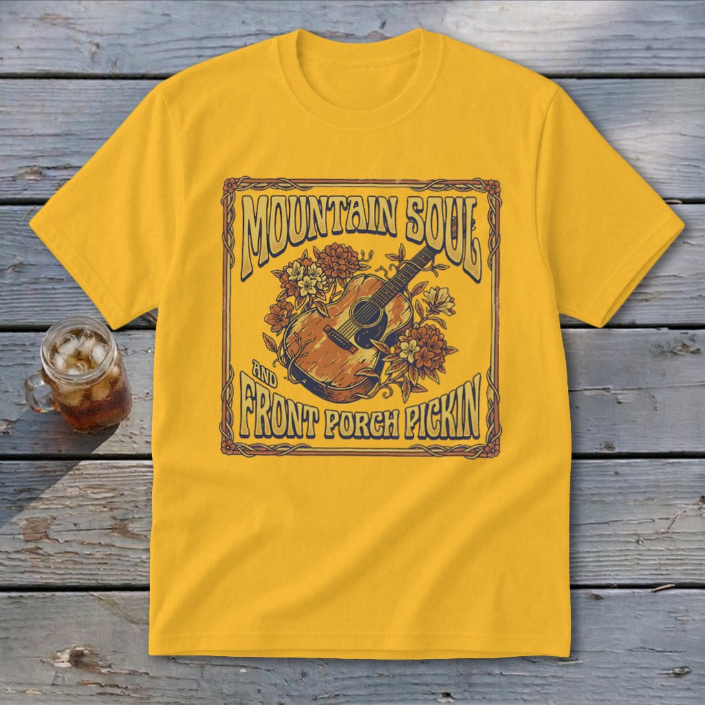 Yellow t-shirt with "Mountain Soul and Front Porch Pickin'" text and guitar graphic.