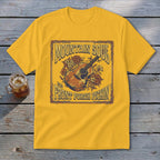 Yellow t-shirt with "Mountain Soul and Front Porch Pickin'" text and guitar graphic.