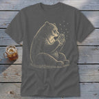 Bear sitting and holding a jar with stars and fireflies.