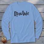 Light blue long sleeve shirt with "Up-uz-Under" in black text.