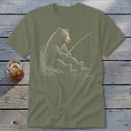 Olive t-shirt with a bear fishing illustration.