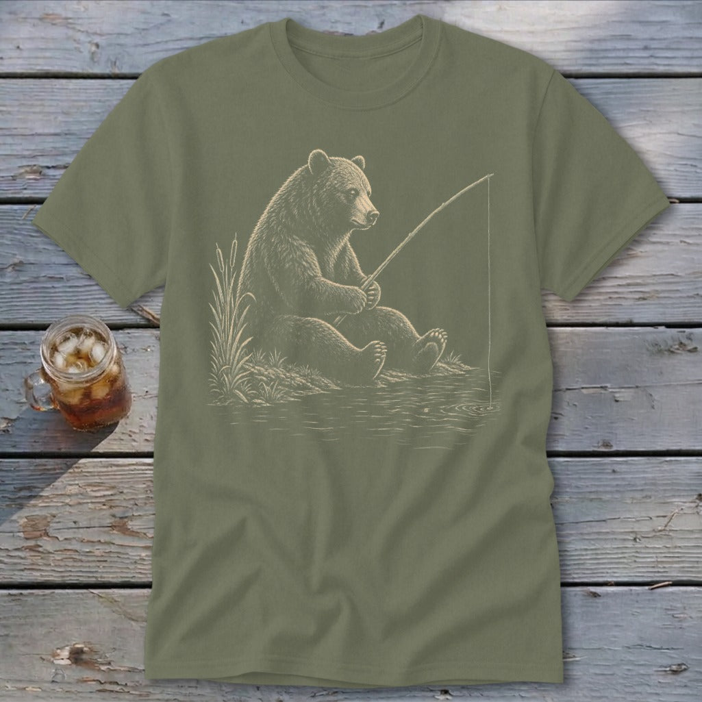 Olive t-shirt with a bear fishing illustration.