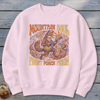 Light pink sweatshirt with a fox playing guitar and text "Mountain Soul and Front Porch Pickin".