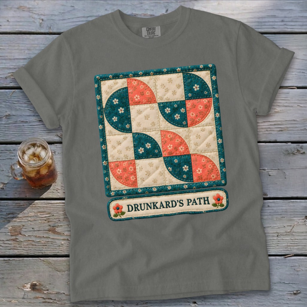 Gray t-shirt with a Drunkard's Path quilt design and text.