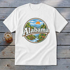 White t-shirt with circular Alabama graphic featuring a deer, river, and mountains.