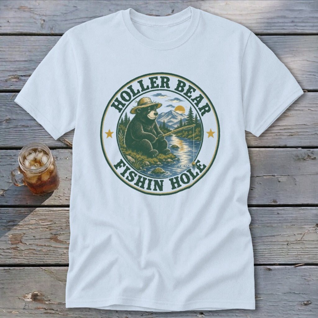 T-shirt graphic with bear fishing and text "Holler Bear Fishin Hole".