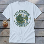 T-shirt graphic with bear fishing and text "Holler Bear Fishin Hole".
