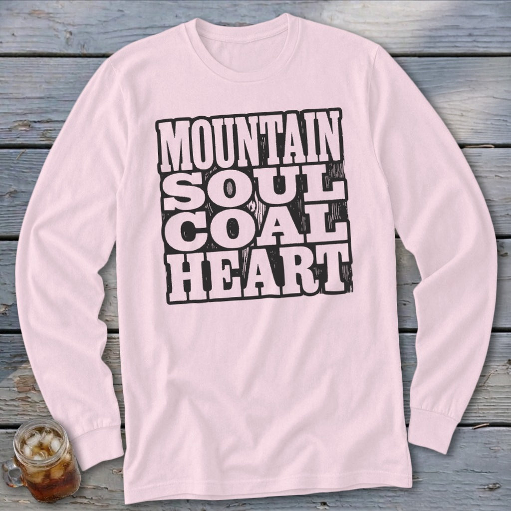 Light pink long-sleeved shirt with "MOUNTAIN SOUL COAL HEART" text graphic.