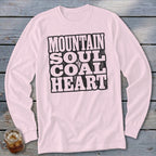 Light pink long-sleeved shirt with "MOUNTAIN SOUL COAL HEART" text graphic.
