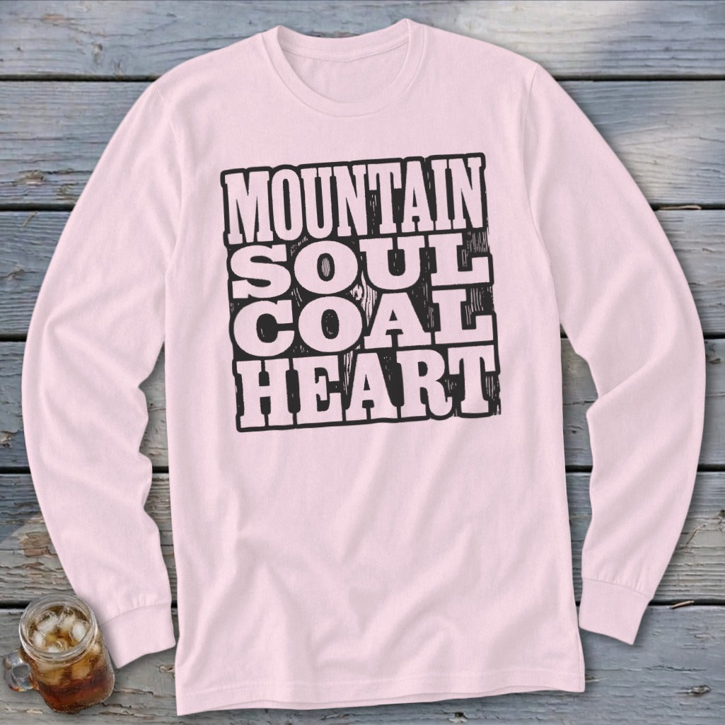 Light pink long-sleeved shirt with "MOUNTAIN SOUL COAL HEART" text graphic.
