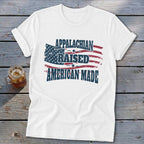 White t-shirt with distressed American flag graphic and text "Appalachian Raised American Made".