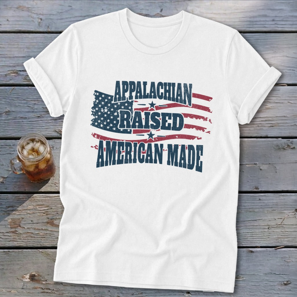 White t-shirt with distressed American flag graphic and text "Appalachian Raised American Made".