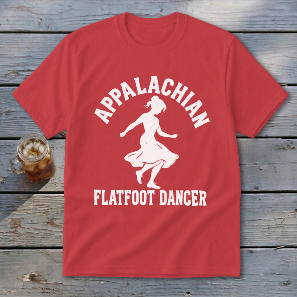 A red short-sleeved t-shirt features white text reading Appalachian Flatfoot Dancer surrounding a dancing woman silhouette.