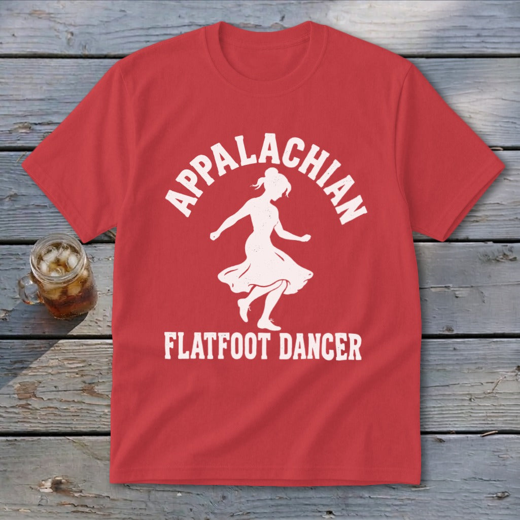 A red short-sleeved t-shirt features white text reading Appalachian Flatfoot Dancer surrounding a dancing woman silhouette.