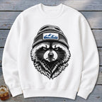 White sweatshirt with a grumpy raccoon wearing a beanie with mountain graphic.