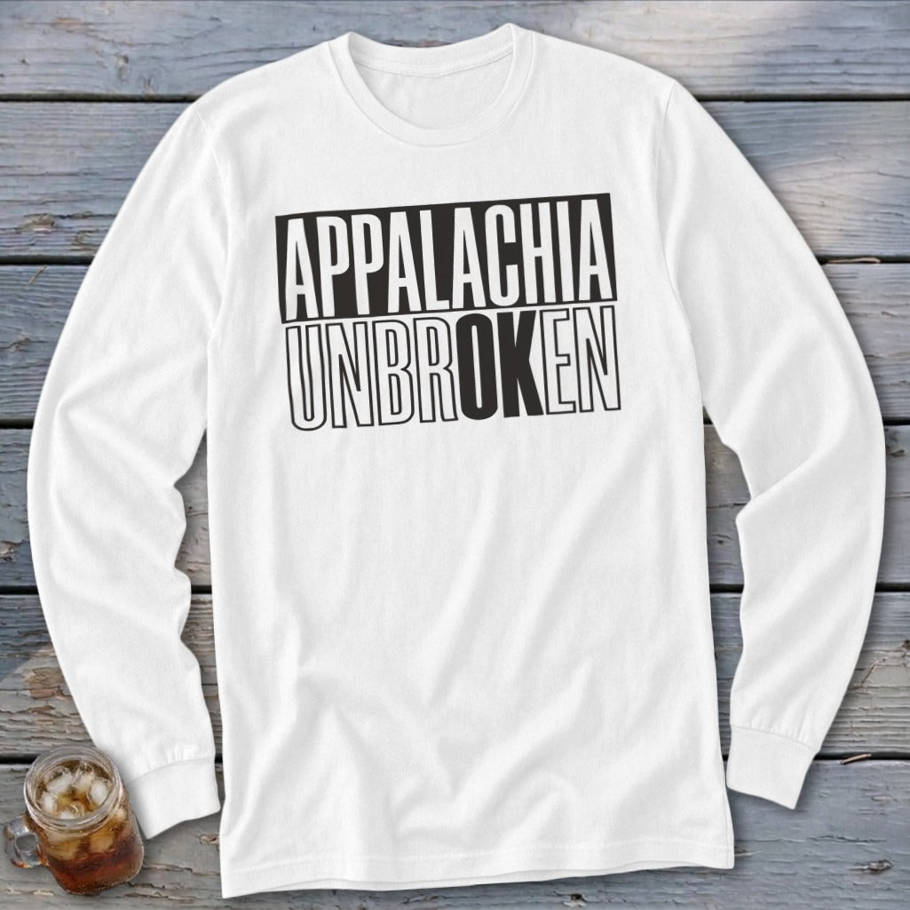 White long-sleeve shirt with "APPALACHIA UNBROKEN" text in black bold outline.