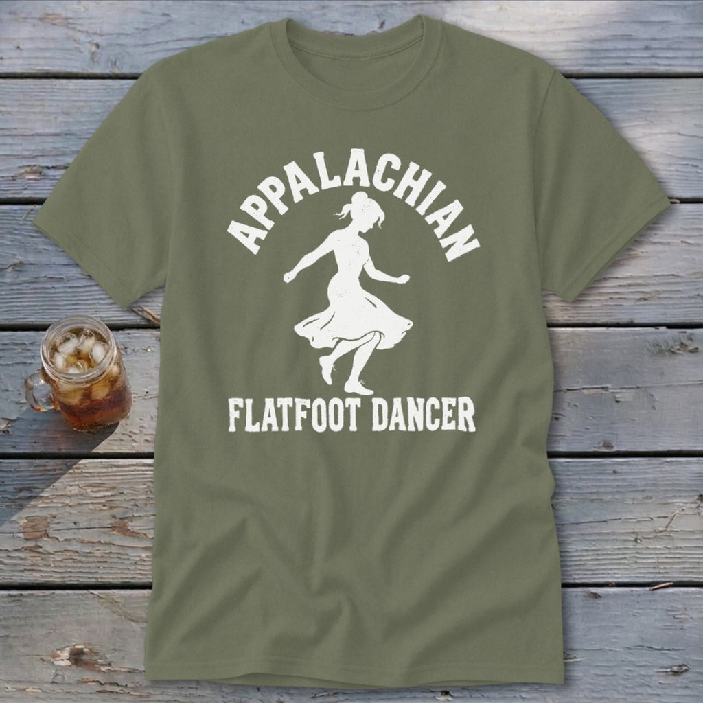 An olive green t-shirt with white text reading Appalachian Flatfoot Dancer surrounding a dancer silhouette.