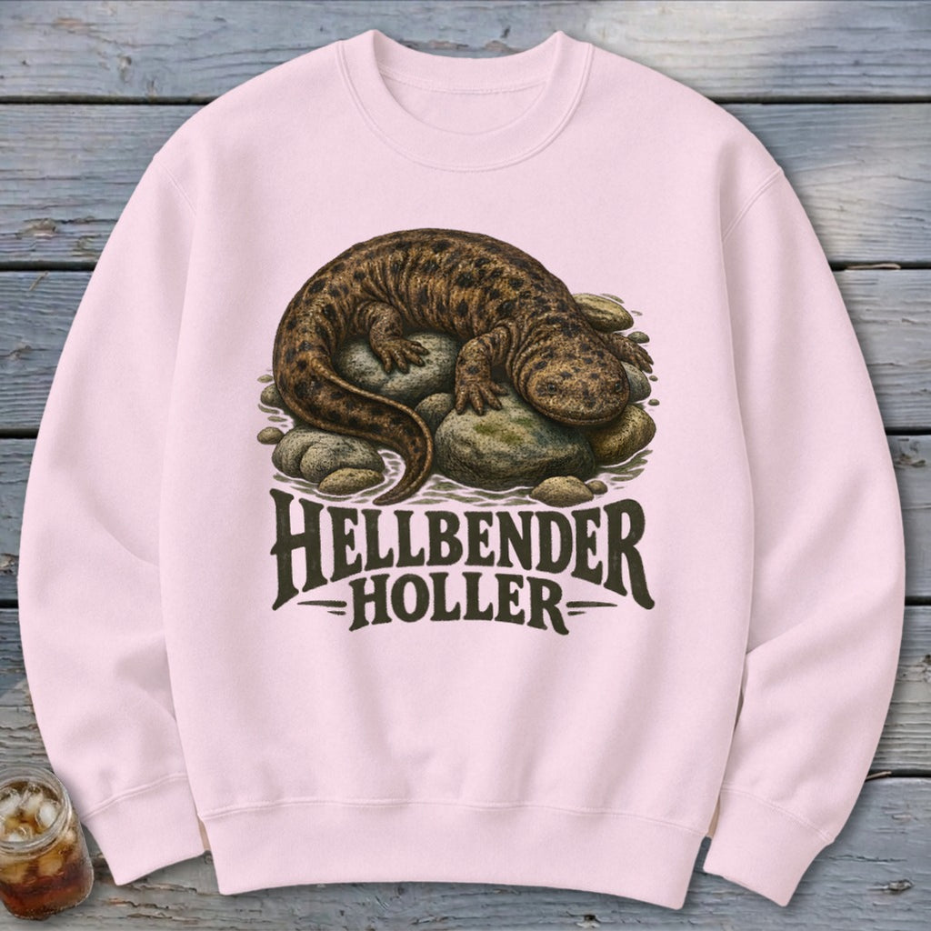 Pink sweatshirt with "Hellbender Holler" text and a hellbender salamander illustration.
