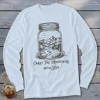 White long-sleeve shirt featuring a mason jar graphic of a mountain landscape with text reading "Carry The Mountains With You."