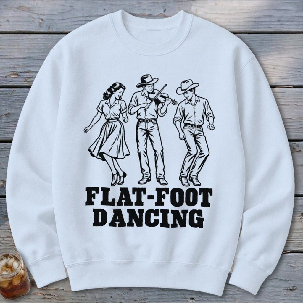 White sweatshirt with black line art of three people flat-foot dancing and text.