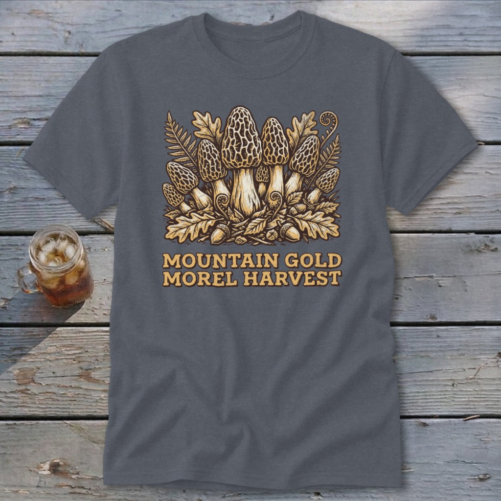 Grey t-shirt with a vintage-style illustration of morel mushrooms and foliage, featuring text.