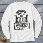 A white long-sleeved shirt featuring a graphic of a wooden porch beneath a wifi signal and the text "HOLLER WIFI? One bar, if you stand on the porch".