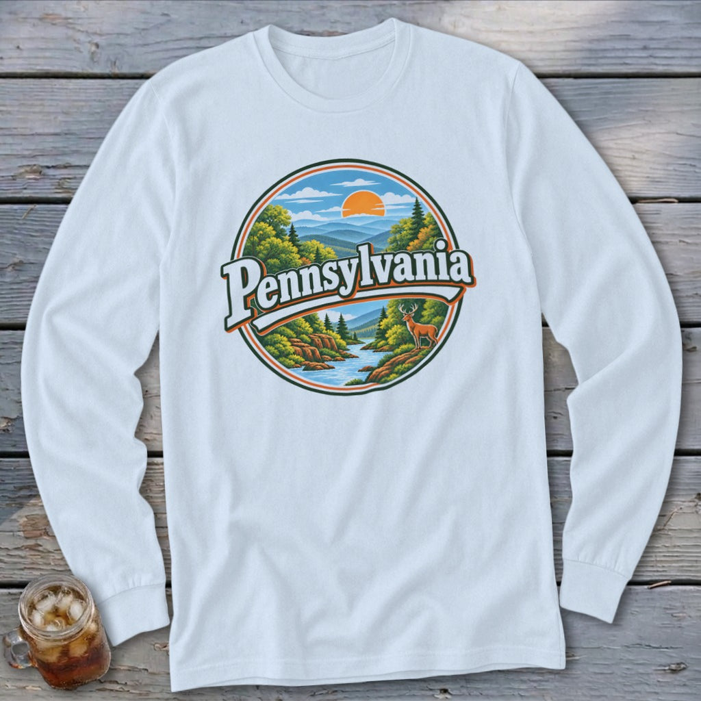 White long sleeve shirt with circular Pennsylvania landscape graphic and text.