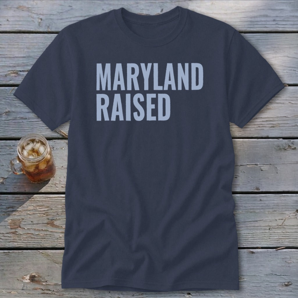 Navy t-shirt with "MARYLAND RAISED" in light blue text.