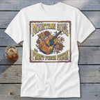 White t-shirt with "Mountain Soul and Front Porch Pickin" text and acoustic guitar graphic.