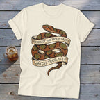 Cream t-shirt with coiled snake graphic reading "Respect the Mountains, Watch Your Step".