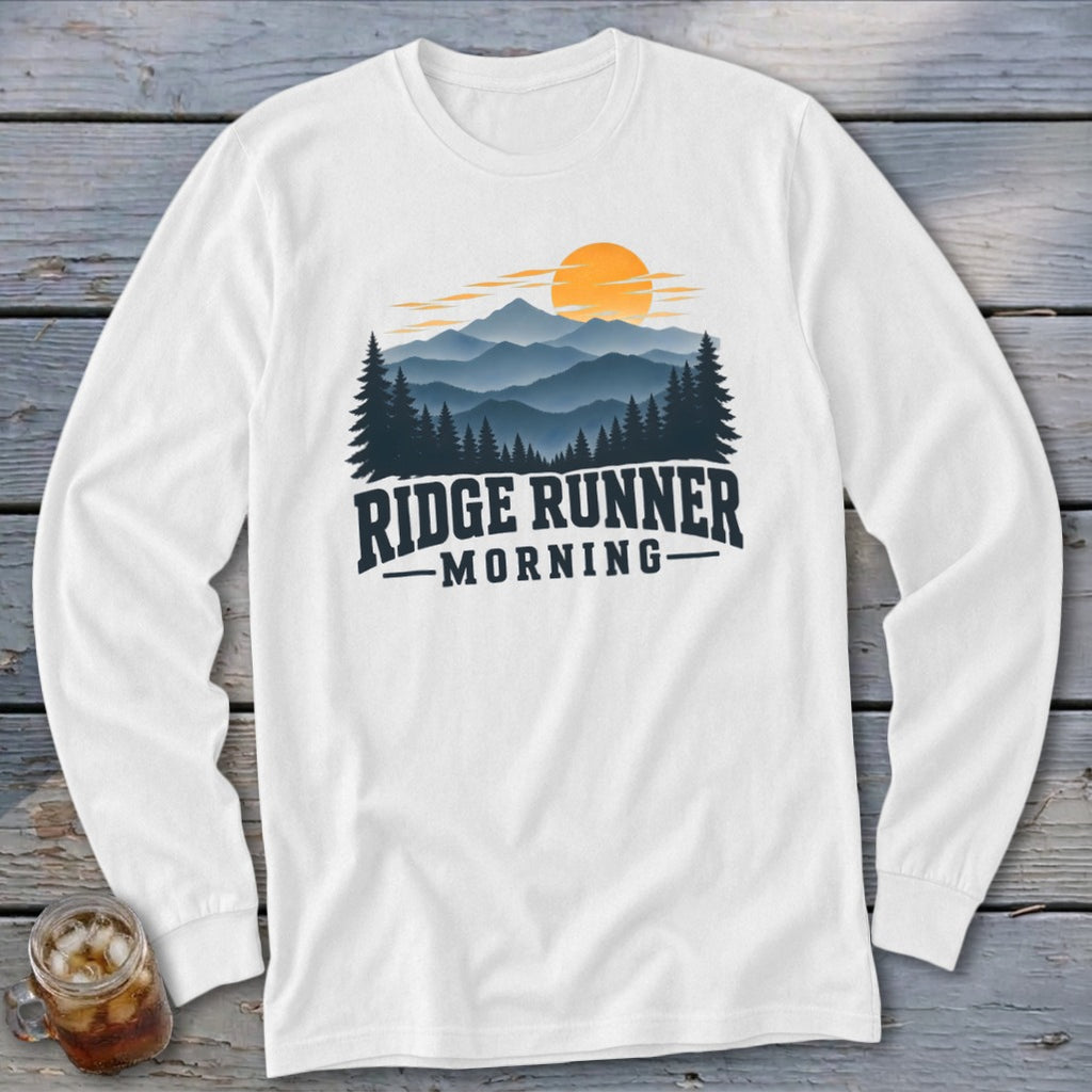 White long sleeve shirt with "Ridge Runner Morning" mountain graphic.