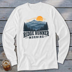 White long sleeve shirt with "Ridge Runner Morning" mountain graphic.