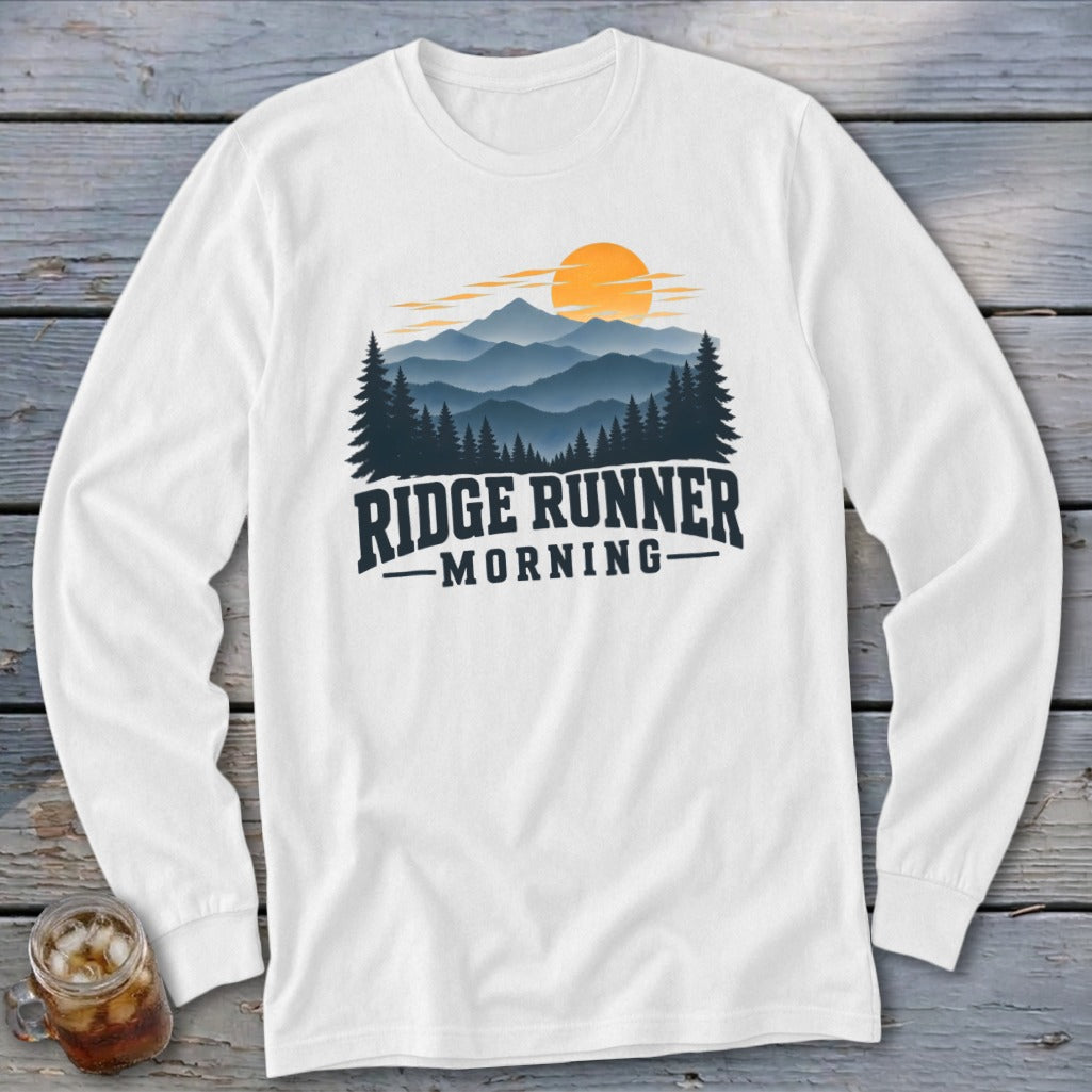 White long sleeve shirt with "Ridge Runner Morning" mountain graphic.