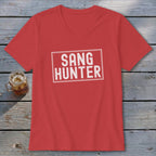 Red v-neck t-shirt with "SANG HUNTER" in white text inside a white rectangle.