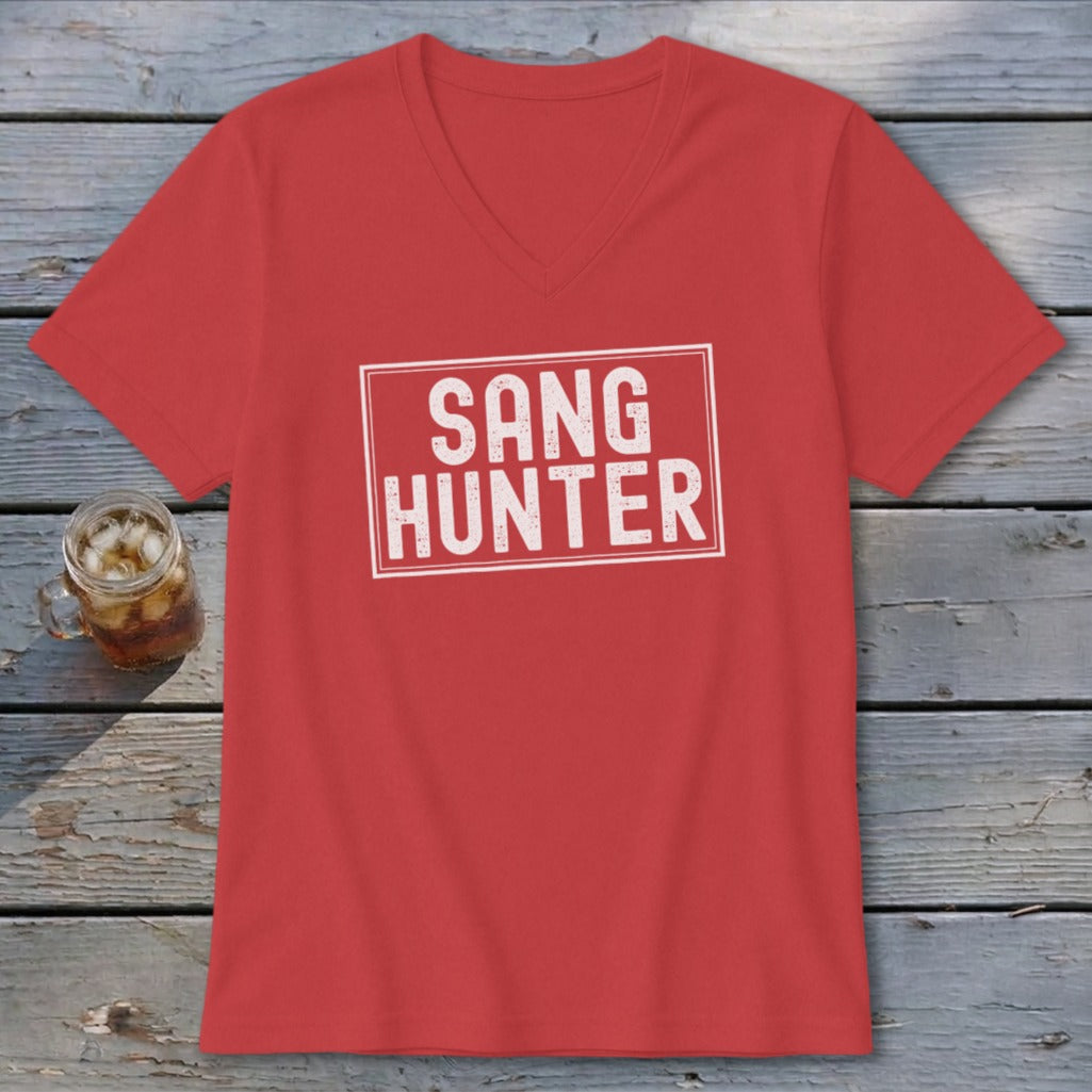 Red v-neck t-shirt with "SANG HUNTER" in white text inside a white rectangle.