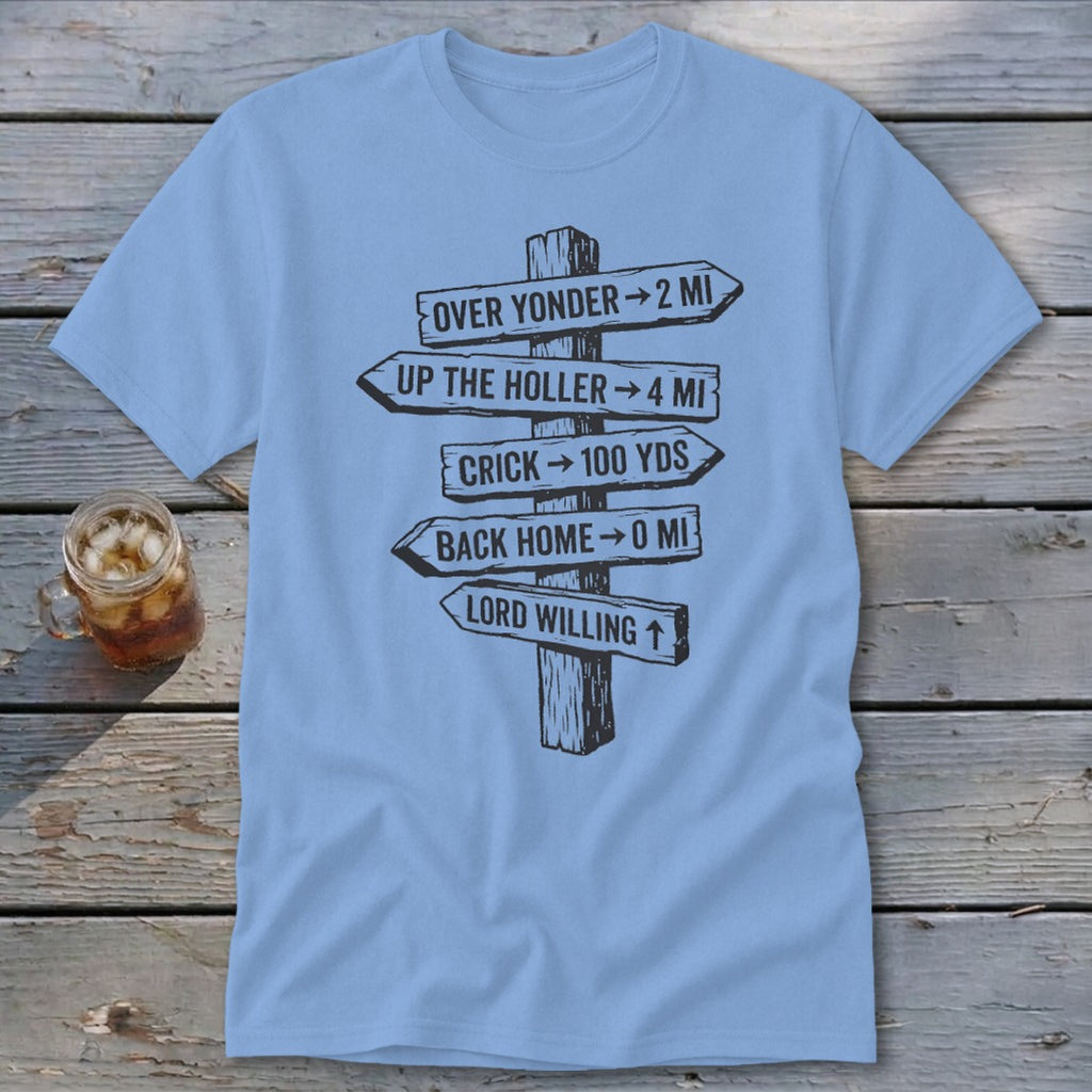 Light blue t-shirt featuring a black graphic of a wooden signpost with directional text.