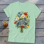 Mint green t-shirt with "Decoration Day Blooms" text and a floral bouquet graphic.