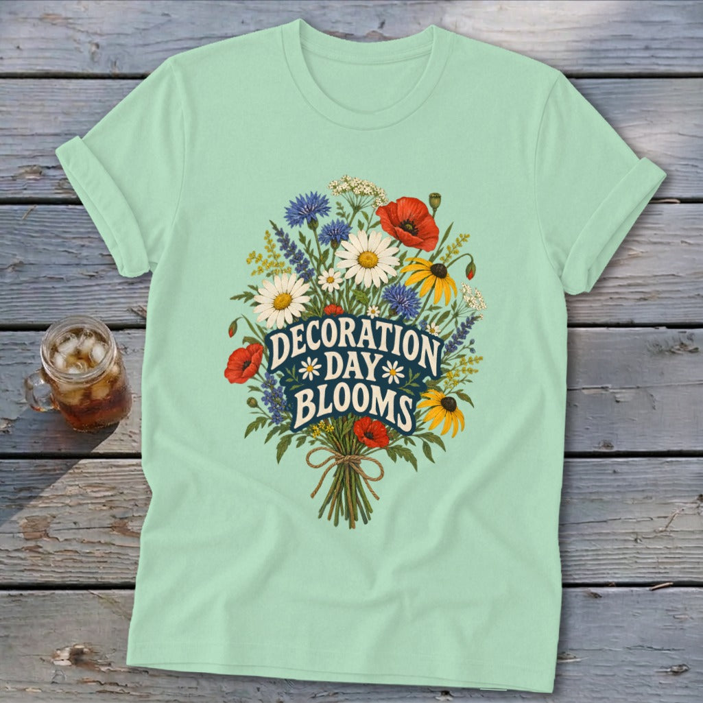Mint green t-shirt with "Decoration Day Blooms" text and a floral bouquet graphic.