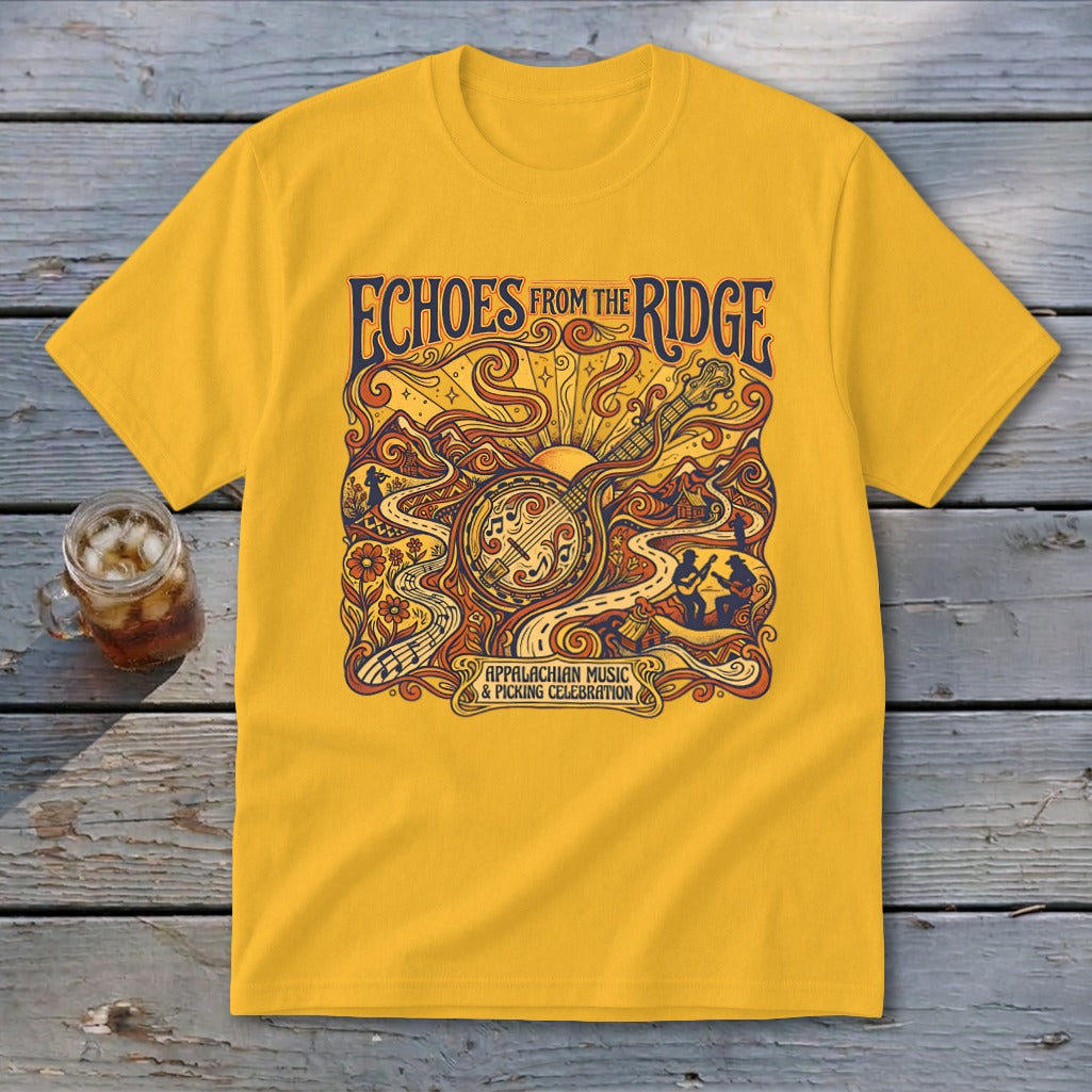 Yellow t-shirt with "Echoes From the Ridge Appalachian Music & Picking Celebration" graphic.